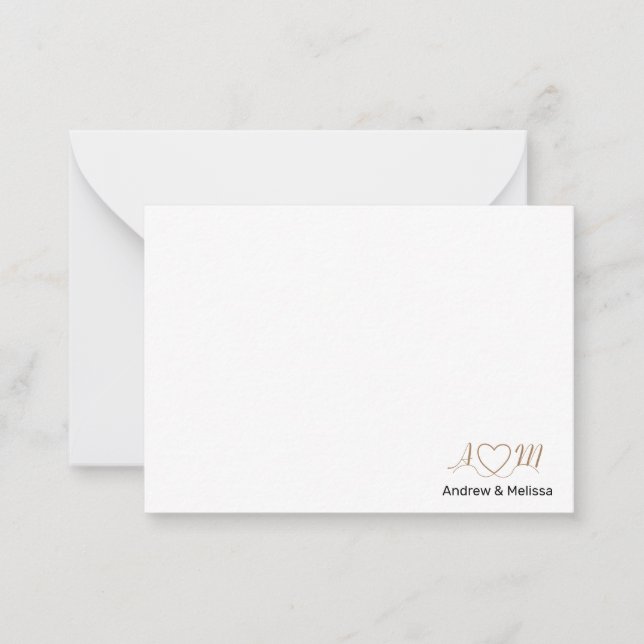 Elegante Paare Script Monogram Heart Gold Black Mitteilungskarte (Vorderseite)