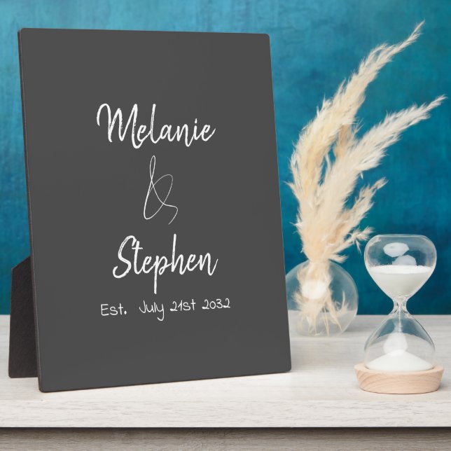 Elegante Paarnamen Datum Schriftart Grau Fotoplatte (Seite)
