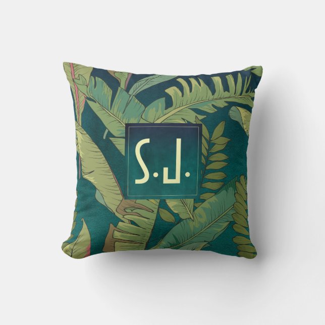 Elegante Palm-Blätter auf Aquamarinem Aquarellfarb Kissen (Vorderseite)