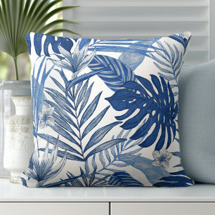 Elegante Palm Blätter Blaues, weißes Kissen
