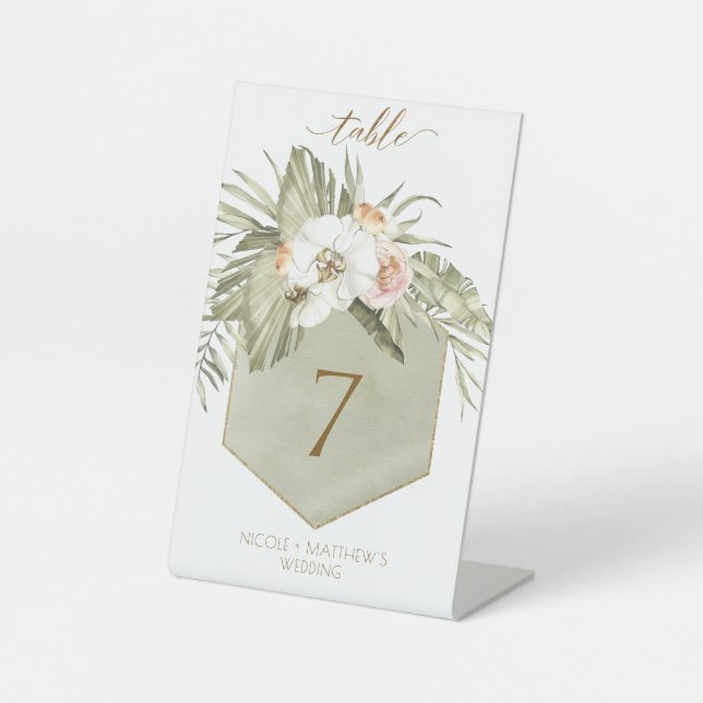 Elegante Palm Blätter Blumengrün Tischnummer Sockelschild (Vorderseite)