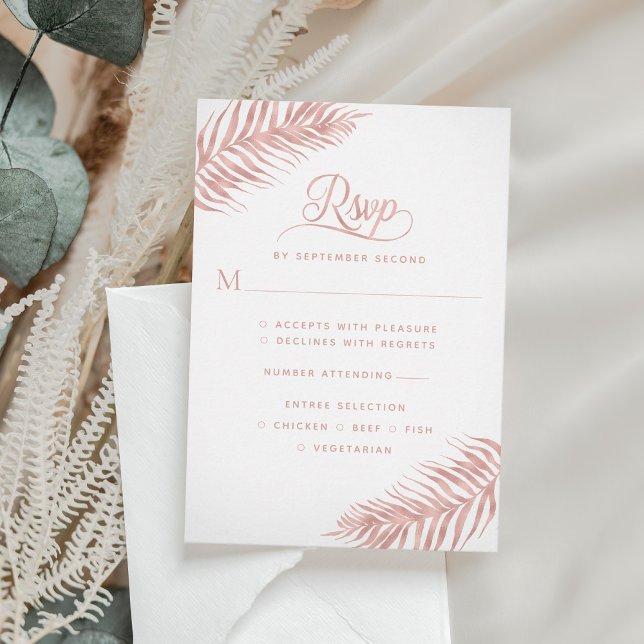 Elegante Palm Leaf Rose RSVP Karte (Von Creator hochgeladen)