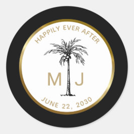 Elegante Palm Tree Gold Monogram Tropical Wedding Runder Aufkleber