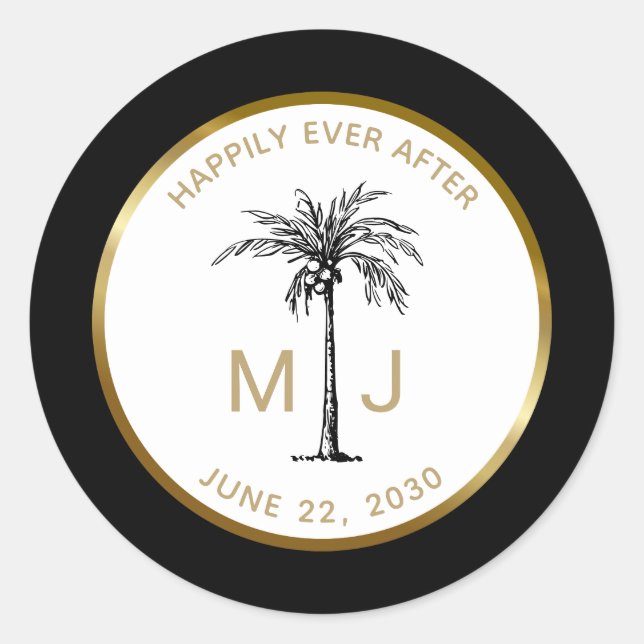Elegante Palm Tree Gold Monogram Tropical Wedding Runder Aufkleber (Vorderseite)
