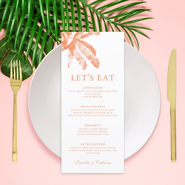 Elegante Palm Tree Tropical Wedding Menükarte (Vintage Boho Tropical Palm Photo Wedding Menu)