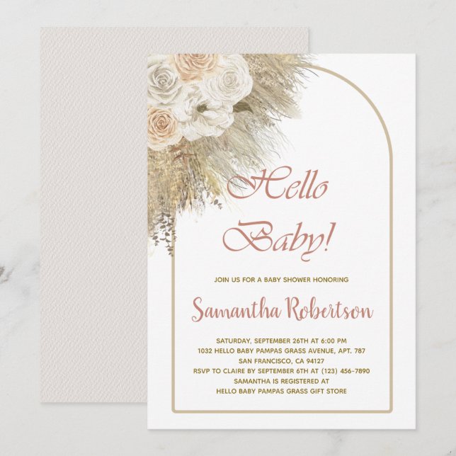 Elegante Pampas Grass Boho Rose Baby Shower Einladung (Vorne/Hinten)