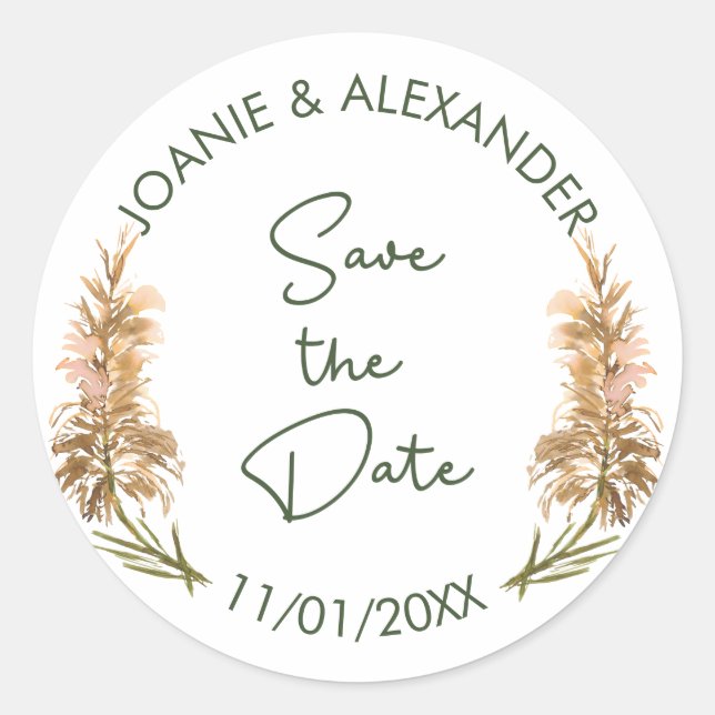 Elegante Pampas Grass Wedding Save the Date Runder Aufkleber (Vorderseite)