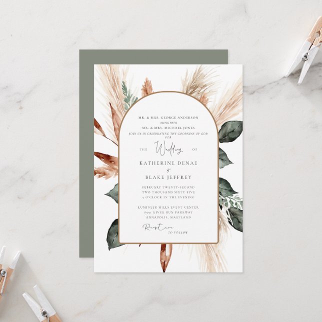 Elegante Pampas Sage Geometric Christlich Wedding Einladung (Vorderseite/Rückseite Beispiel)