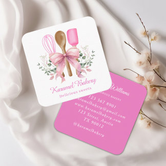 Elegante panadería con utensilios de arco rosado quadratische visitenkarte