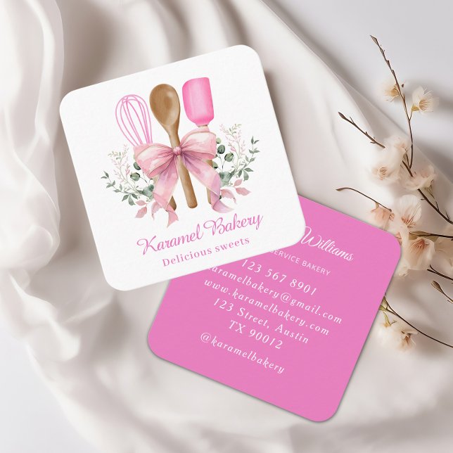 Elegante panadería con utensilios de arco rosado quadratische visitenkarte (Von Creator hochgeladen)