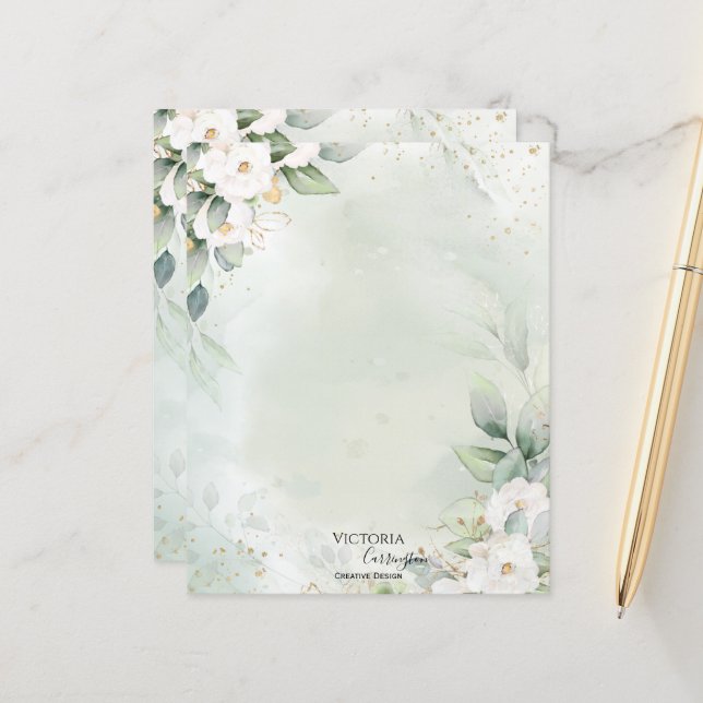 Élégante papeterie professionnelle Floral Gold Gre (Devant/Arrière en situation)