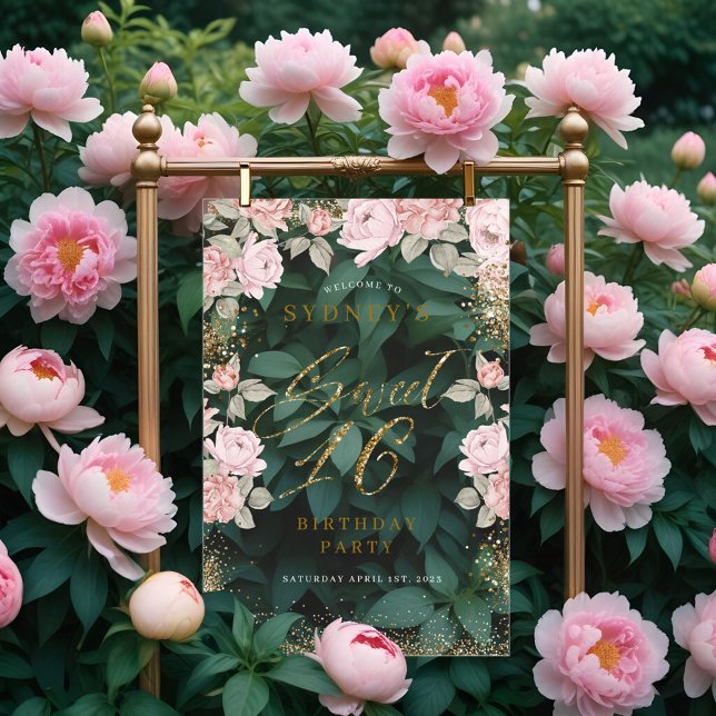 Elégante Parties scintillant or Peony Floral Sweet (Elegant Gold Glitter Peony Floral Sweet 16 Welcome Acrylic Sign)