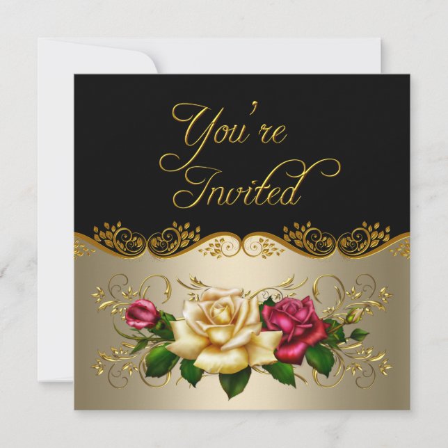 Elegante Party Coffee Gold Rote Rosen Einladung (Vorderseite)