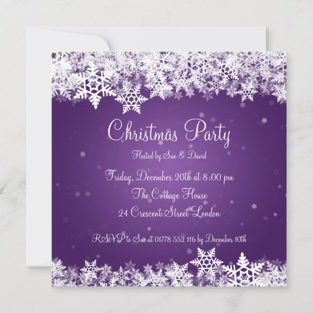 Elegante Party Einladung Winterschneeflocken Lila (Vorderseite)