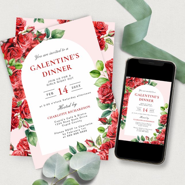 Elegante Party Galentine-Rote Rosen zum Abendessen Einladung (Von Creator hochgeladen)