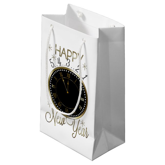 Elegante Partyuhr des glücklichen neuen Jahres Kleine Geschenktüte (Vorderseite Schrägansicht)