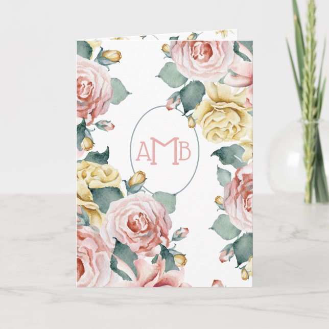 Elegante Pastel-Aquarellfarben-Rose und Monogramm (Vorderseite)