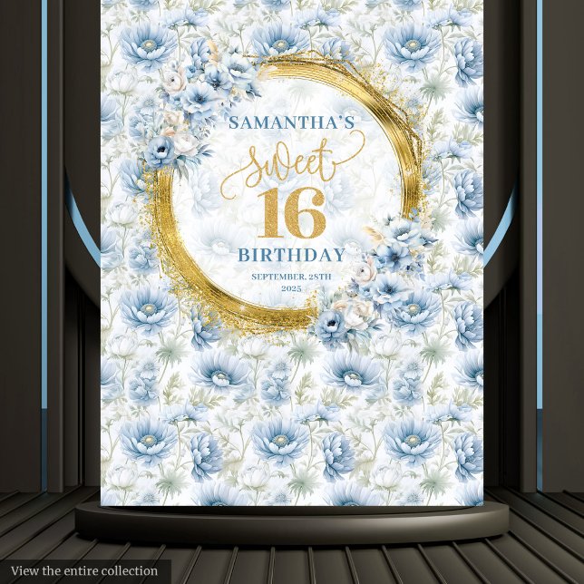 Elegante Pastel Blue 16 . Geburtstag Gold Glitzer Wandteppich (Elegant Pastel Blue Sweet Sixteen Gold Glitter Tapestry)