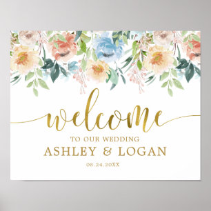 Elegante Pastel Blue Floral Wedding Willkommen Poster