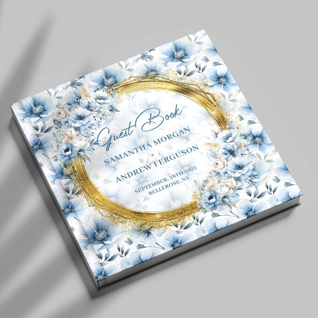 Elegante Pastel Blue Flowers Gold Glitzer Hochzeit Gästebuch (Elegant Pastel Blue Flowers Gold Glitter Wedding Guest Book)