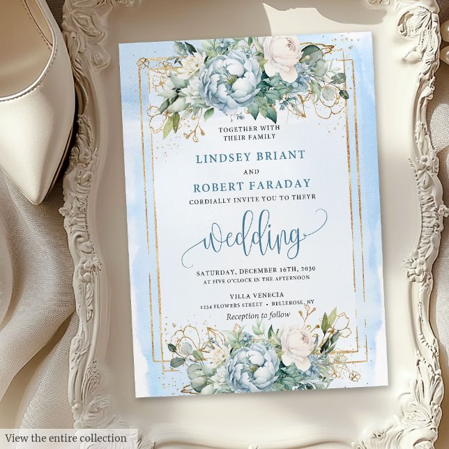 Elegante Pastel Blue White Gold Peonies Einladung (Elegant Pastel Blue White Gold Peonies Invitation)