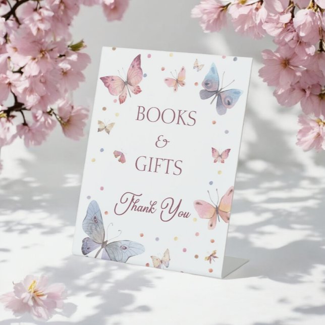 Elegante Pastel Butterfly Bücher und Geschenke Zei Sockelschild (Von Creator hochgeladen)