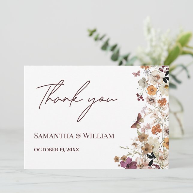Elegante Pastel Chic Boho Wildblume Theme Wedding Dankeskarte (Stehend Vorderseite)