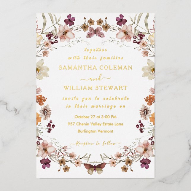 Elegante Pastel Chic Boho Wildblume Theme Wedding Folieneinladung (Vorderseite)