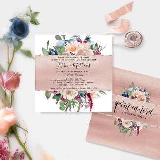 Elegante Pastel Floral und Rose Gold Quinceñera Einladung