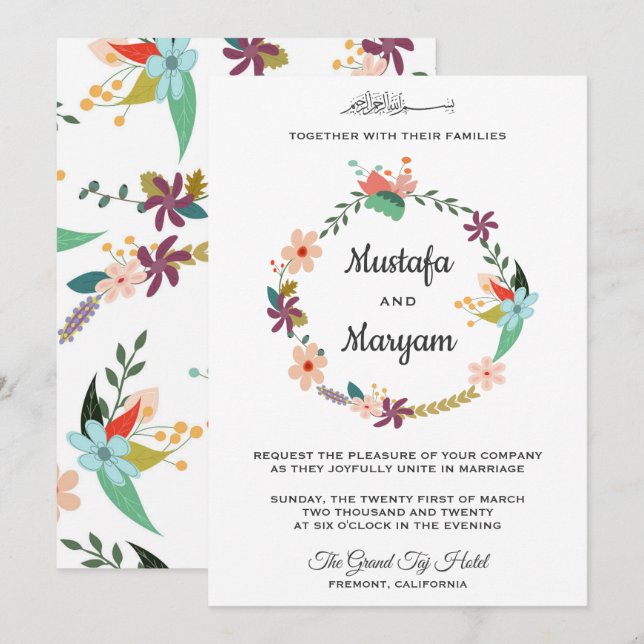 Elegante Pastel Floral Wreath Islamische Hochzeit Einladung (Vorne/Hinten)