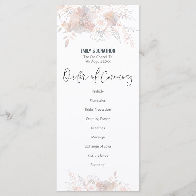 Elegante Pastel Florals Blush Gray Script Wedding Programm (Vorderseite)