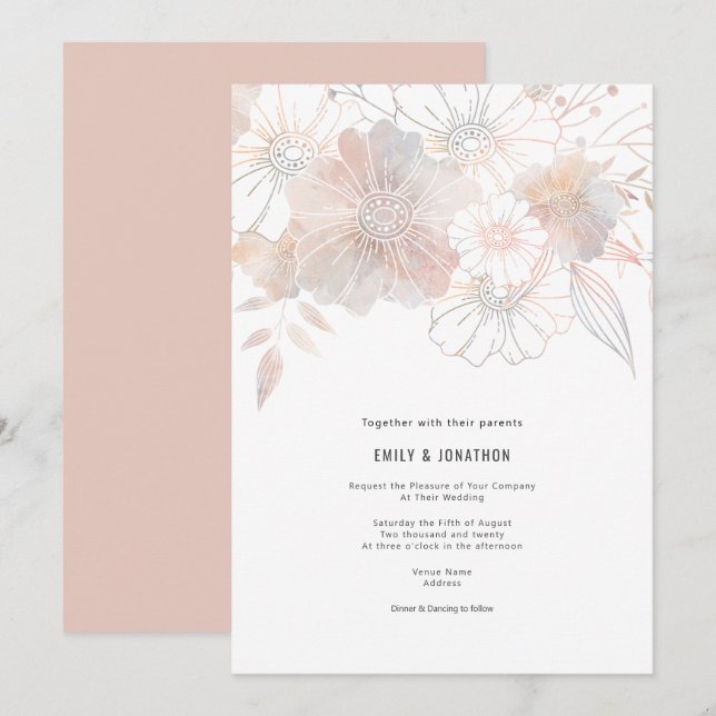 Elegante Pastel Florals Blush Peach Gray Wedding Einladung (Vorne/Hinten)