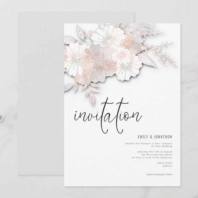 Elegante Pastel Florals Peach Blush Gray Wedding Einladung (Vorne/Hinten)