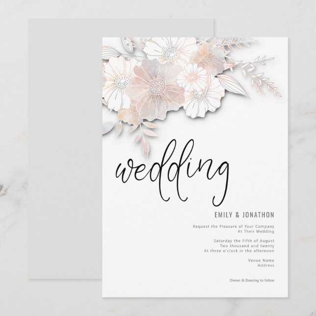 Elegante Pastel Florals Peach Blush Gray Wedding Einladung (Vorne/Hinten)