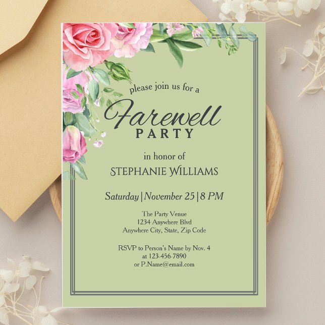 Elegante Pastel Green Blume Farewell Party Einladung (Von Creator hochgeladen)