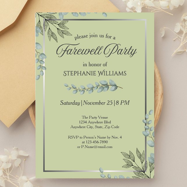 Elegante Pastel Green Blume Farewell Party Einladung (Von Creator hochgeladen)