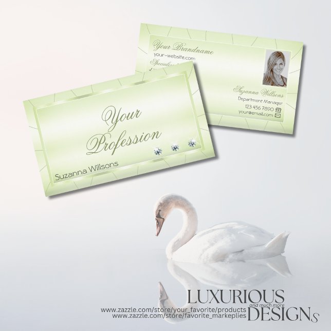 Elegante Pastel Green mit Diamanten und Foto Chic Visitenkarte (Von Creator hochgeladen)