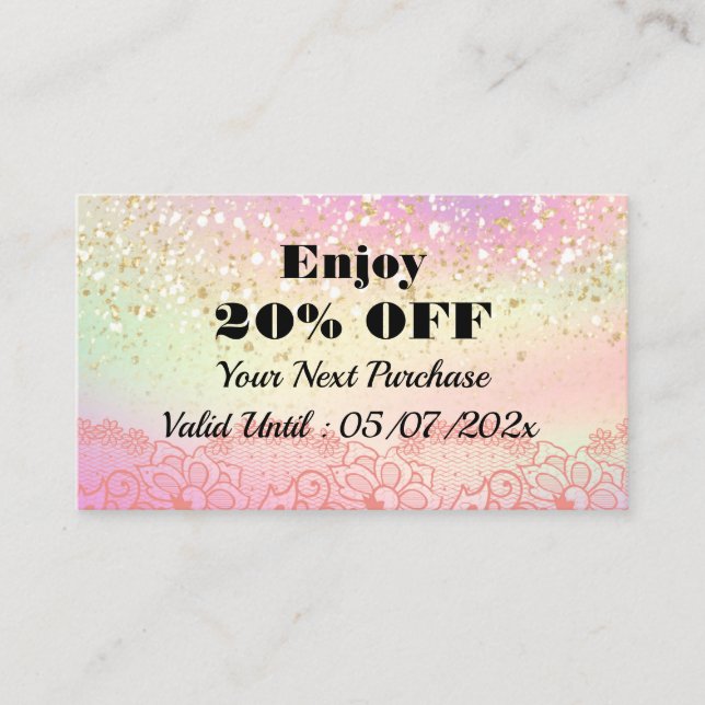 Elegante Pastel Holographic Glitzer Sparkle Lace Rabattkarte (Vorderseite)