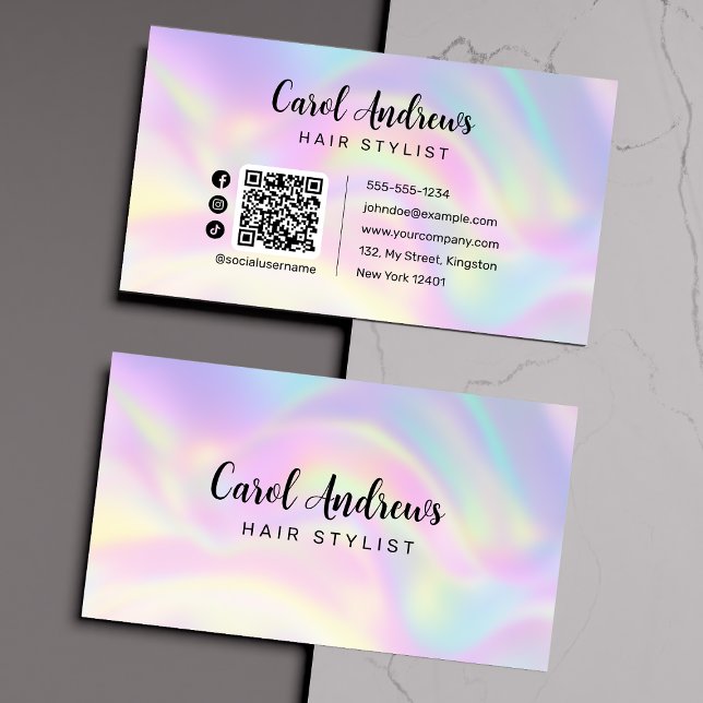 Elegante Pastel Holographic Hairstylist QR Code Visitenkarte (Von Creator hochgeladen)