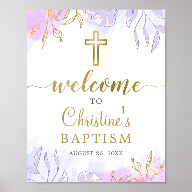 Elegante Pastel Lila Gold Floral Taufe Willkommen Poster (Vorne)