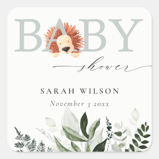 Elegante Pastel Niedlich Boho Lion Foliage Baby Sh Quadratischer Aufkleber (Vorderseite)