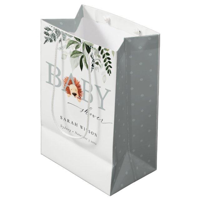 Elegante Pastel Niedlich Lion Foliage Babydusche Mittlere Geschenktüte (Vorderseite Schrägansicht)