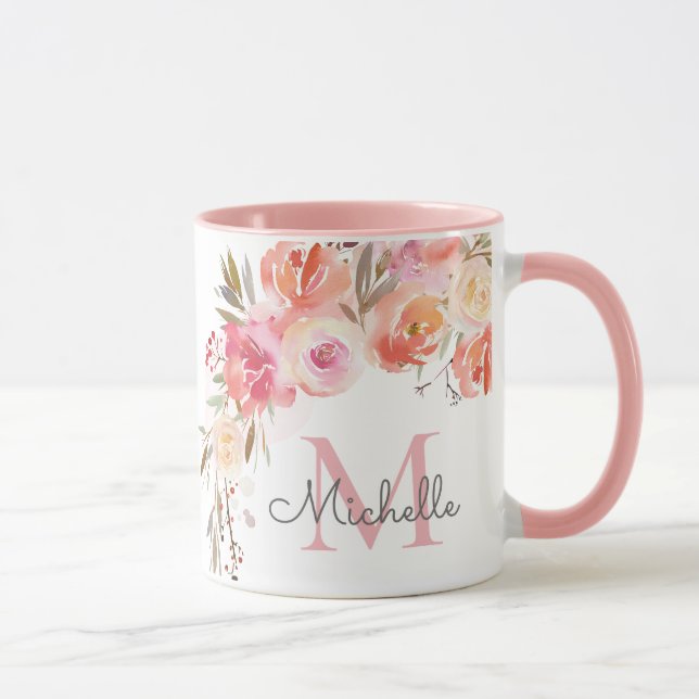 Elegante Pastel Peach Pink Rose Mit Monogramm Tasse (Rechts)