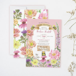 Elegante Pastel Pink Bee and Wildblume Baby Shower Einladung
