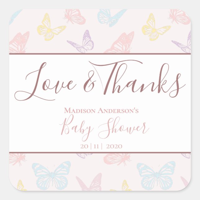 Elegante Pastel Pink Butterflies Kinderdusche Dank Quadratischer Aufkleber (Vorderseite)