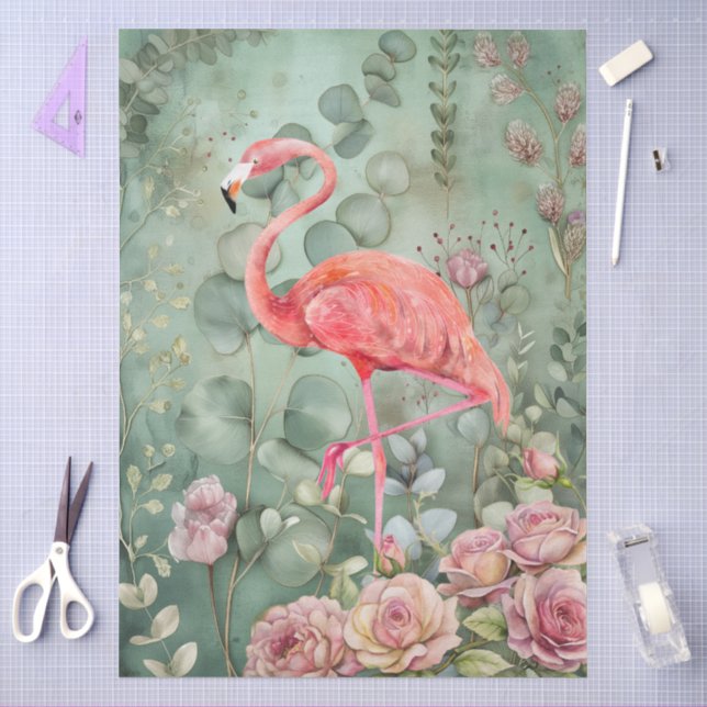 Elegante Pastel Pink Flamingo & Rose Decoupage Seidenpapier (Basteln)