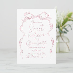 Elegante Pastel Pink Hand Drawn Bow 16 . Geburtsta Einladung