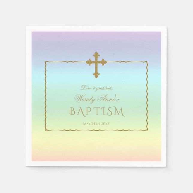 Elegante Pastel Rainbow Color Gold Cross Taufe Serviette (Vorderseite)