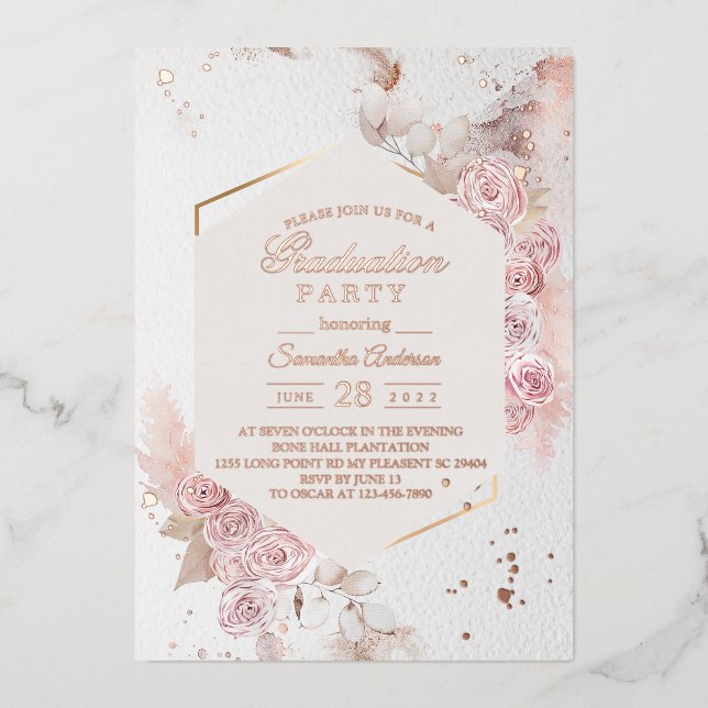 Elegante Pastel Rosa Blumenrahmen Extravagante Ros Folieneinladung (Vorderseite)