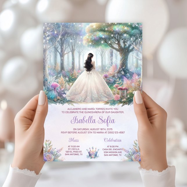 Elegante Pastel verzauberter Wald Quinceañera Einladung (Beautiful enchanted forest Quinceanera invitation - simply add your event details.)